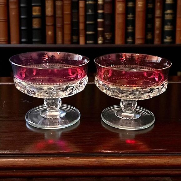 2 Kings Crown Thumbprint Sherbet Dishes Dish Set Ruby Red Flash Indiana Glass - Picture 13 of 16